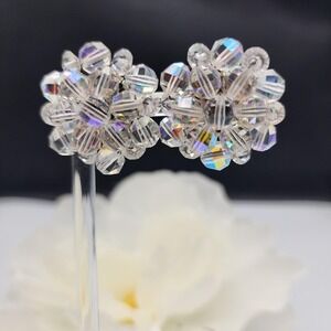 Vintage West Germany AB Crystal Cluster Clip On Earrings - Mid Century